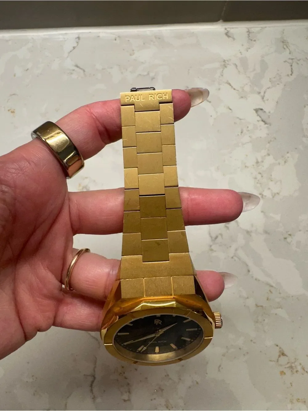 Gold Men's Bracelet Watch with Dark Green Dial